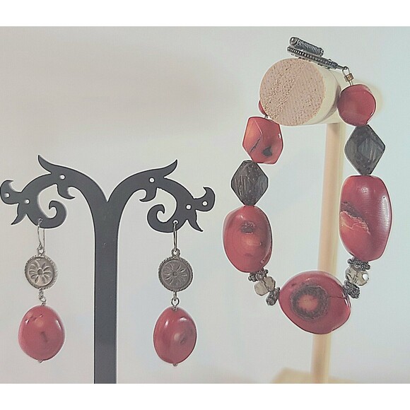 Dillard’s Sterling Collection Dangle Earrings and Bracelet Genuine Red Stones - Picture 1 of 5